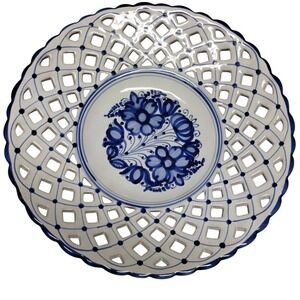 Vintage Modra Slovakia Blue White Hand Painted Lattice Plate 11.5" Wall Decor